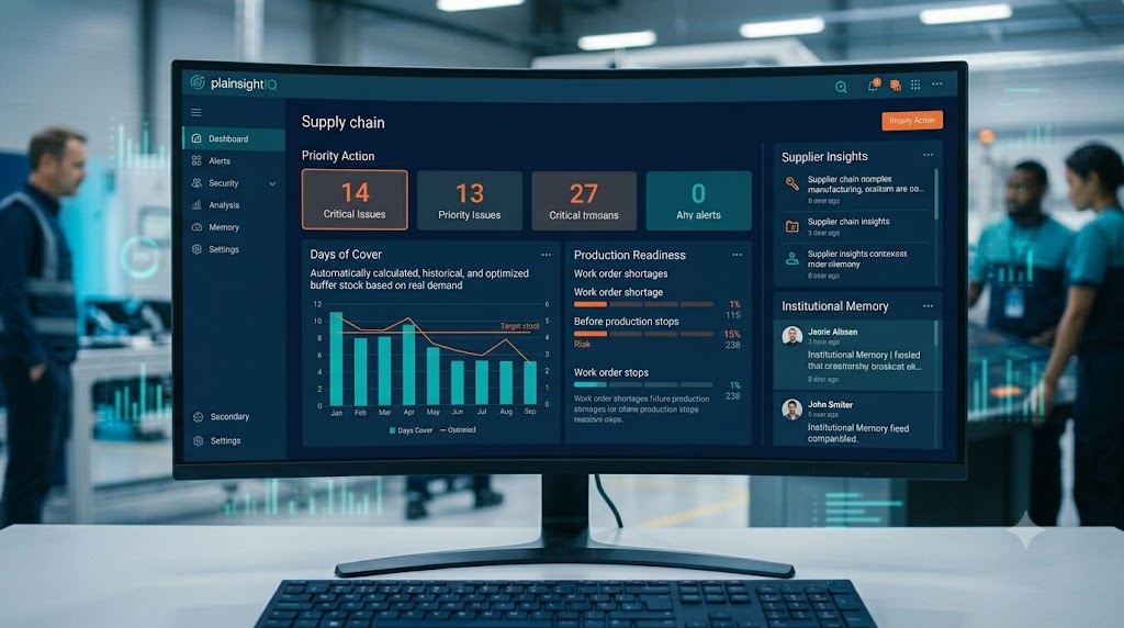 PlainSightIQ supply chain planning dashboard showing priority actions, days of cover and production readiness